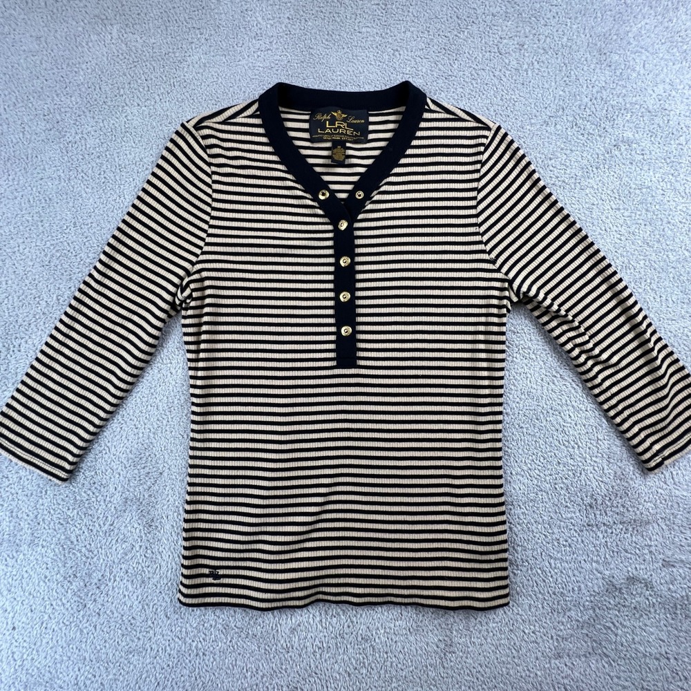 Lauren Ralph Lauren Henley Top Womens Medium Tan Navy Striped Ribbed Knit Preppy